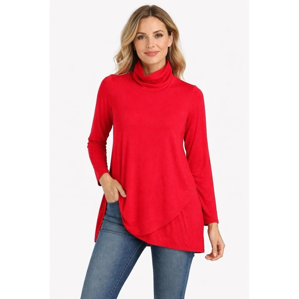 J Jill Tunic Womens Small Red‎ Tencel Turtleneck Layered Asymmetrical Soft Knit